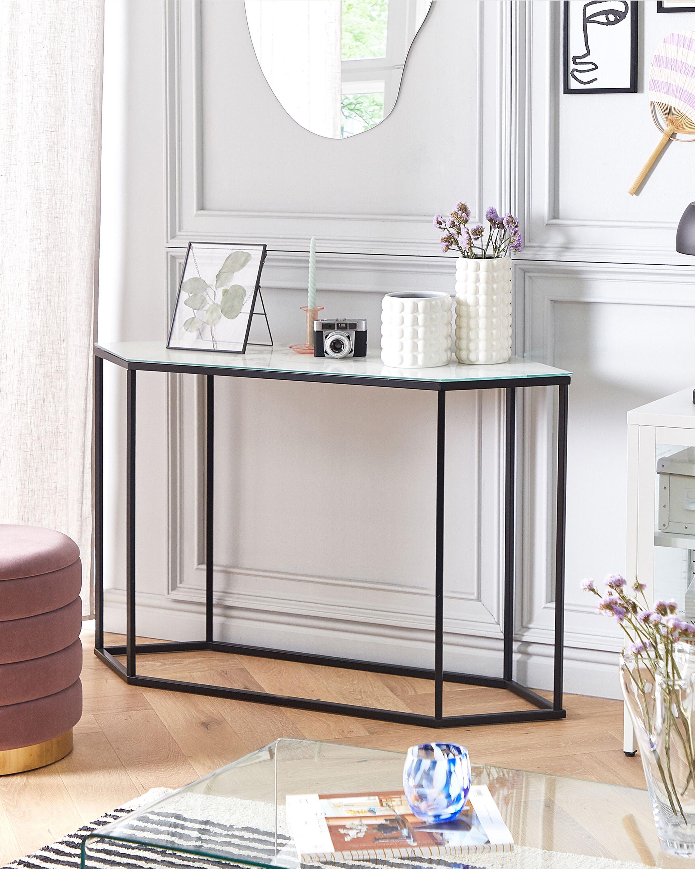 Console Table PERRIN Tempered Glass Marble/ Black