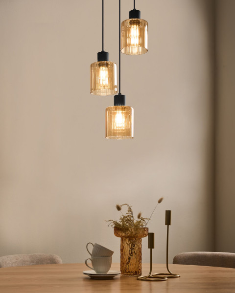3-punktowa lampa wisząca metalowa baza klosze szklane czarna beżowa