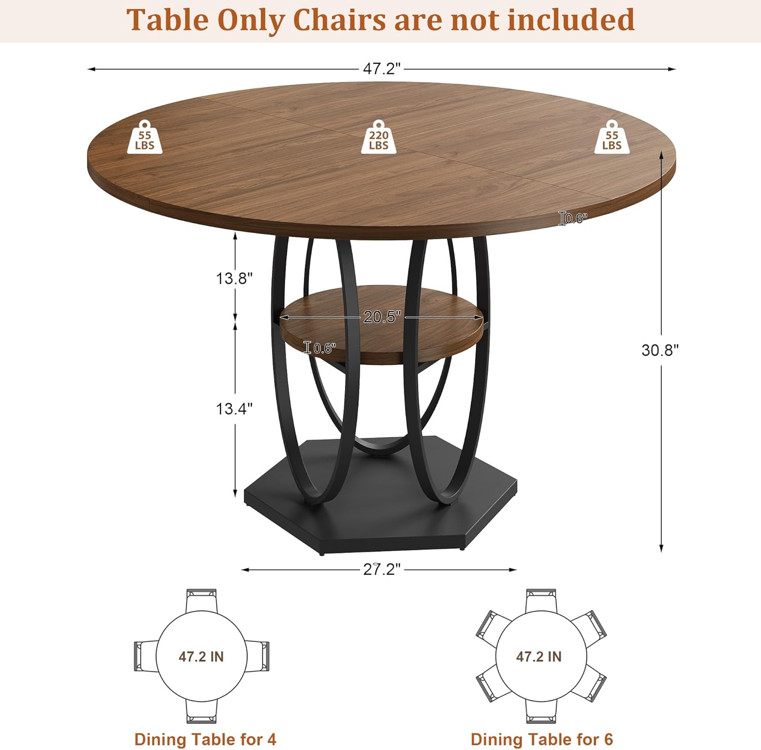 47.2 Round Dining Table for 4-6, Circle Kitchen Table with Open Storage Shelf, Modern Wooden Dinner Table with Metal Pedestal Base, Dining Room Tables for Kitchen Small Space, Walnut