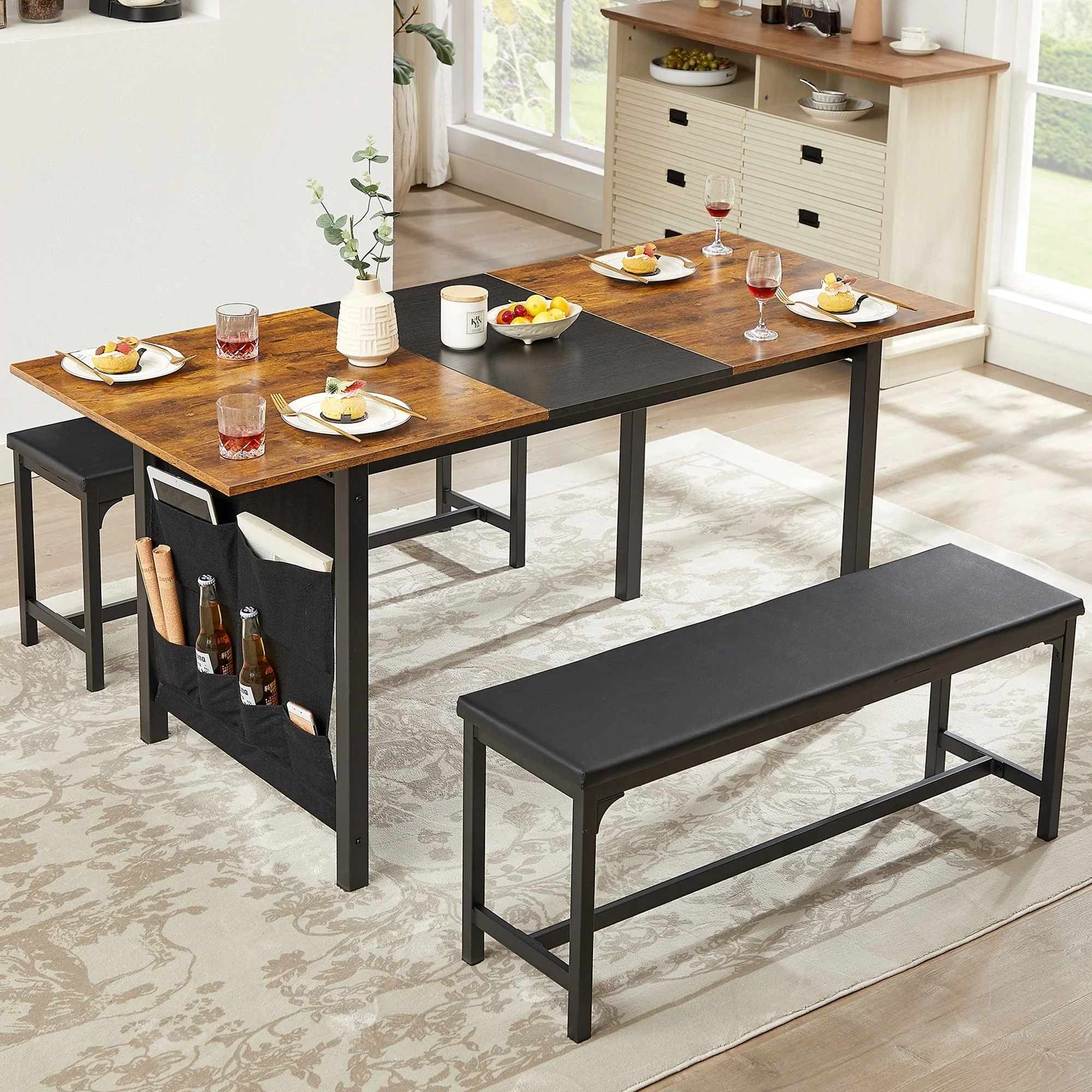VECELO 3-Piece Dining Table Set with 2 Benches, 63 Extendable Kitchen Table & Chairs Set for 4-8, Dining Room Table