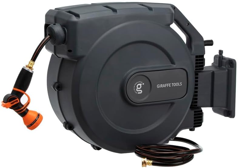 Giraffe Tools AW505/8 Retractable Garden Hose Reel 5/8 x 115+5 ft  Heavy Duty Wall Mounted Water Hose Reel Automatic Rewind  180 Deg Swivel Bracket  Slow Retraction  115ft  Dark Grey