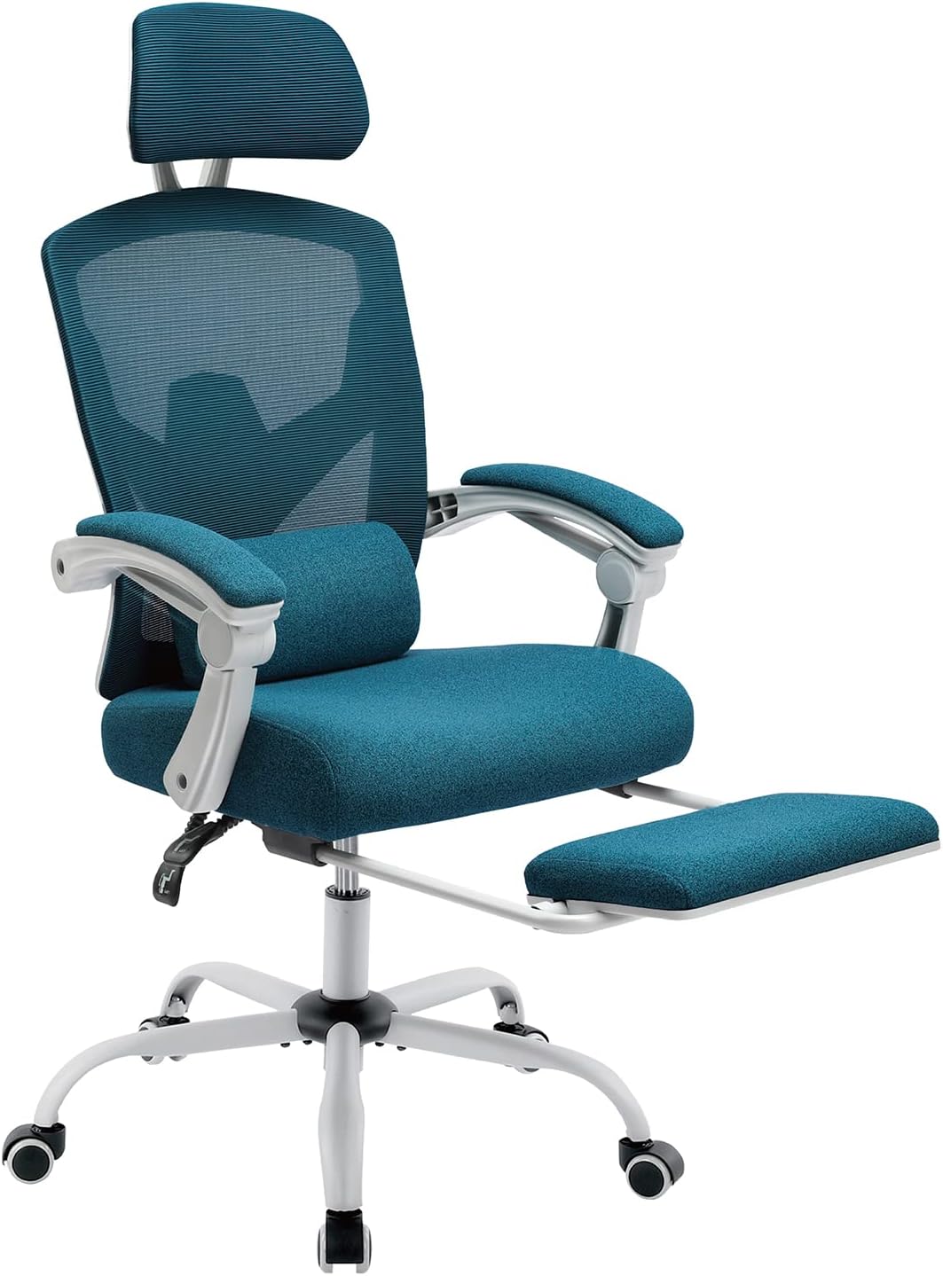 DUMOS Home Office Desk Chair with Footrest, High-Back Mesh Rolling Swivel Reclining Chairs with Wheels, Comfortable Headrest, Lumbar Support, Comfy Arms for Home, Office, Gaming, Student, Elegant Blue