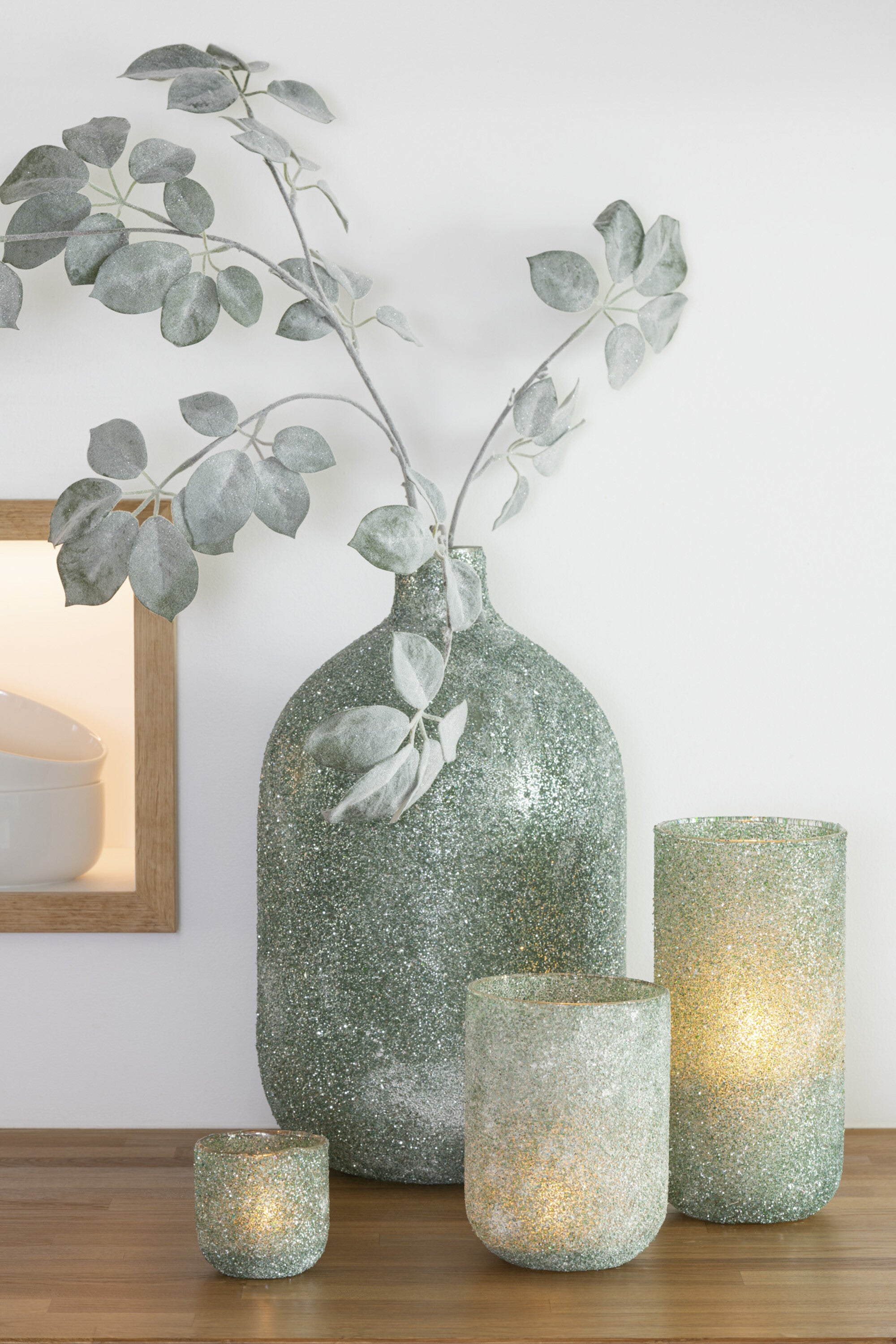 J-Line decoratie Tak Schefflera Gevlokt - kunststof - groen - 6 stuks