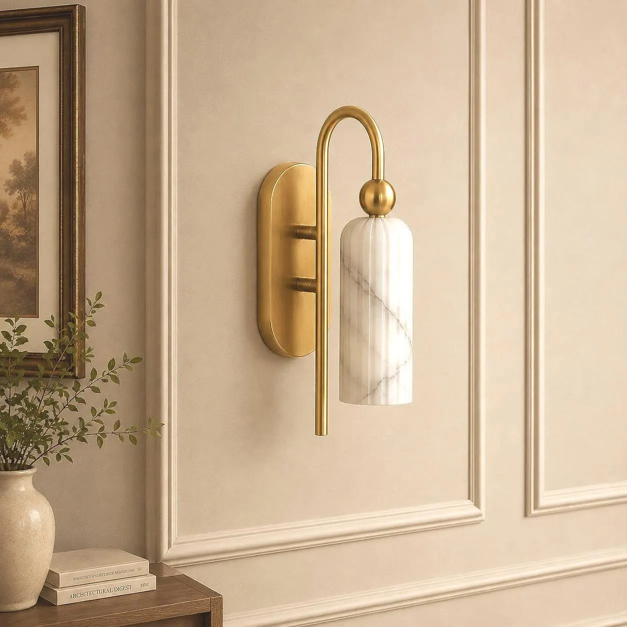 Modern Alabaster Wall Sconce, Brass Wall Light, Fluted Marble Wall Lamp, Mid Century Bedside Sconce, Luxury Bathroom Vanity Light