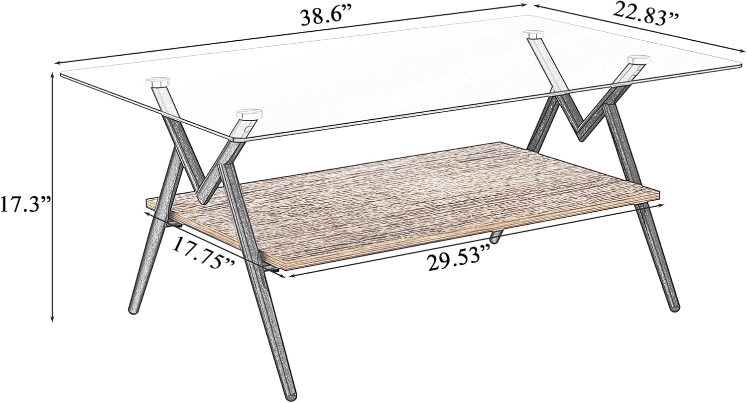 Casaphoria Rectangle Coffee Table for Living Room, Industrial 2-Tier Center Table with Gray Tempered Glass Top & Brown MDF Storage Shelf, Metal Legs, 220 lbs Weight Capacity (38.6)