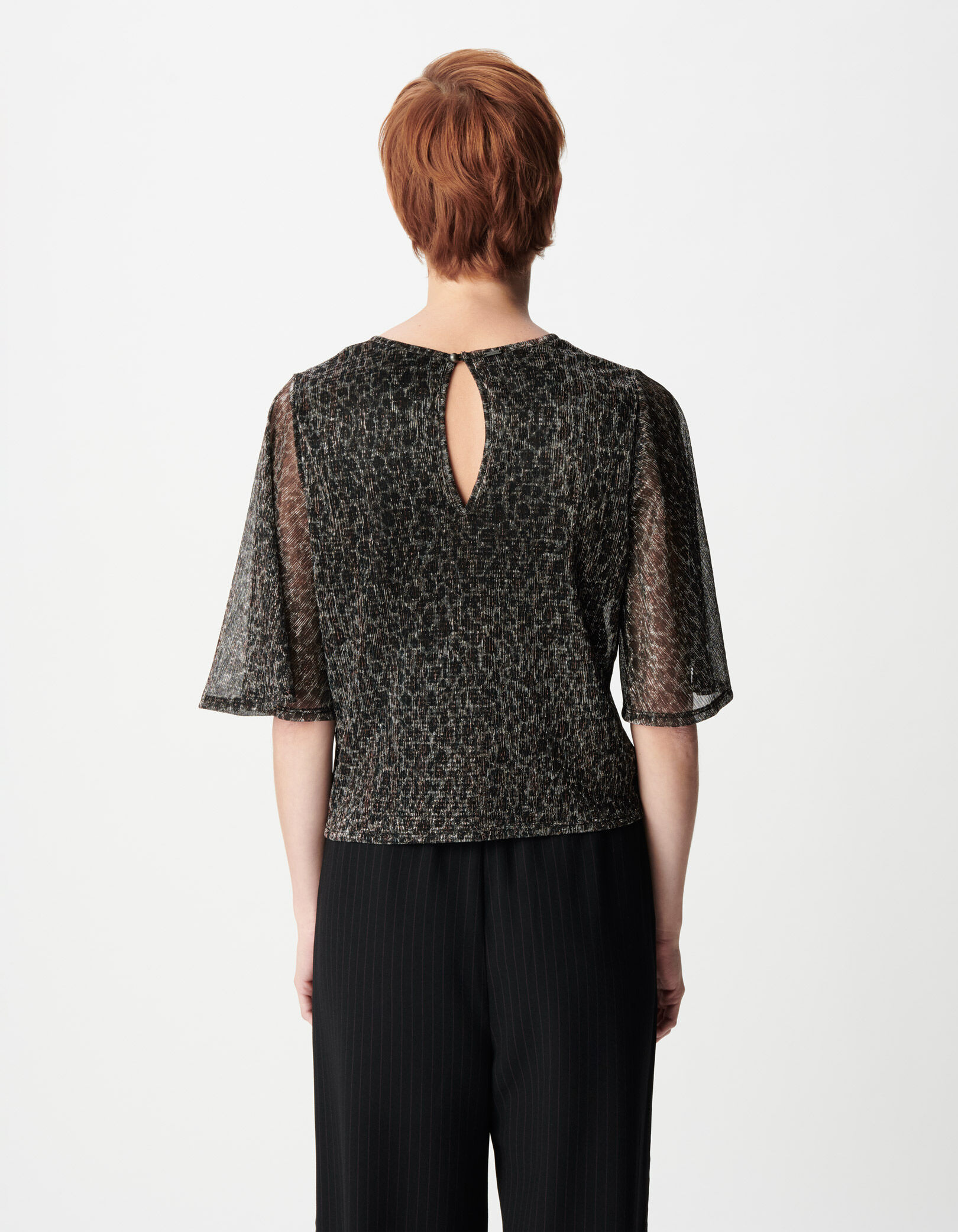 Top noir maille motif léopard lurex Femme