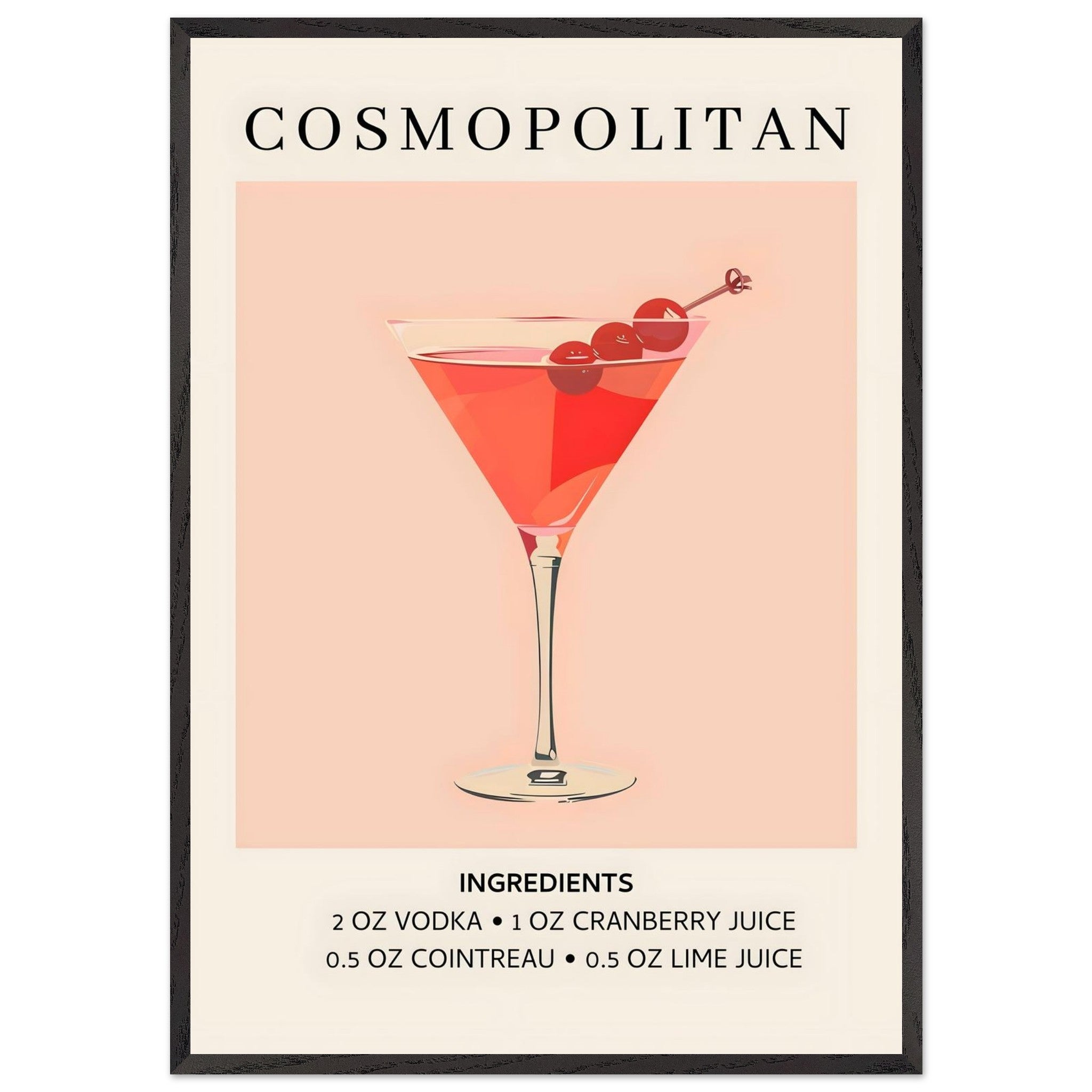 Artfulprints Poster met Lijst Cosmopolitan cocktail - Ingrediënten  - 70x100 cm - Roze