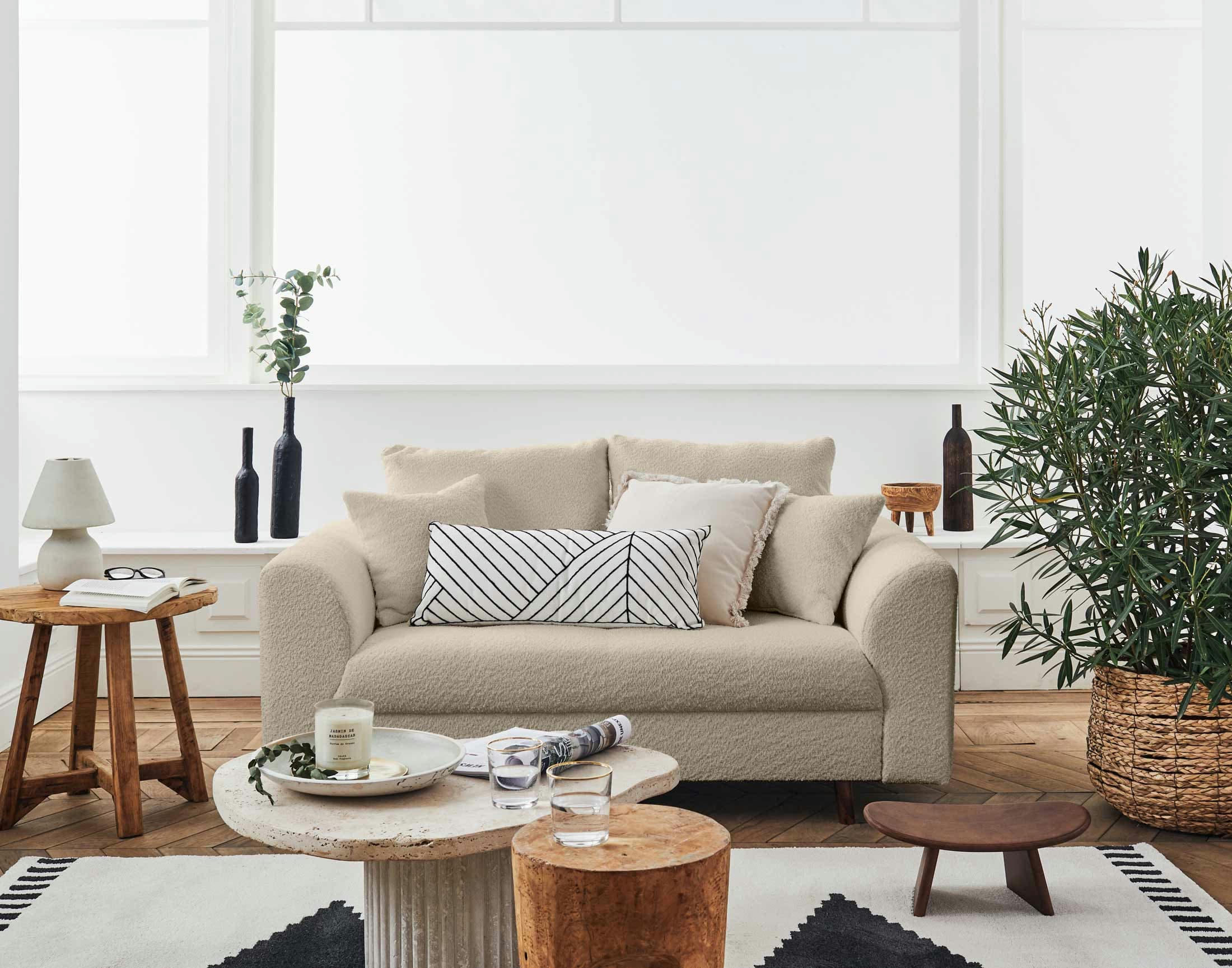 RUNE - Canapé droit 2 places en tissu bouclette beige