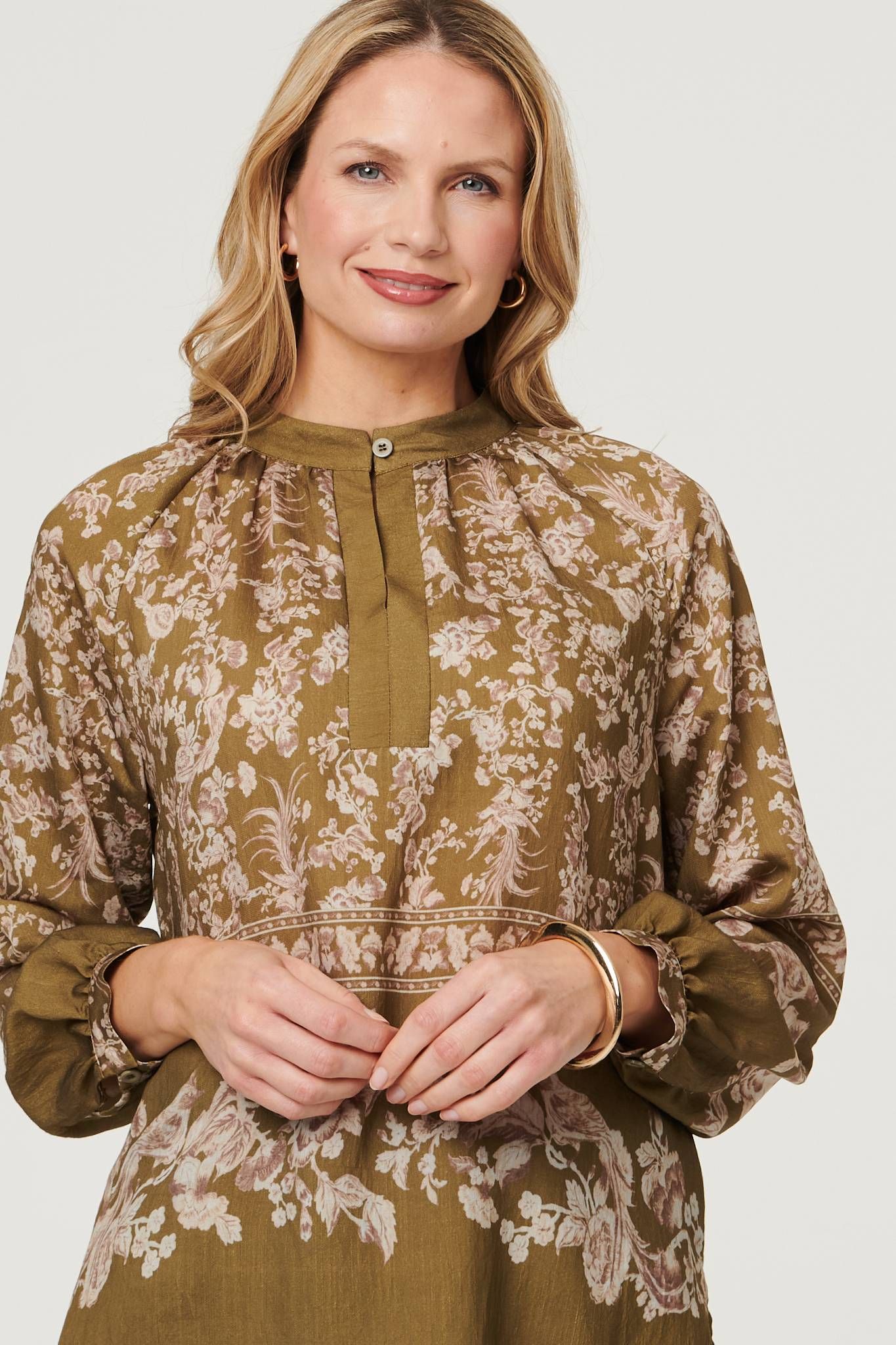 Izabel London Floral Long Sleeve High Neck Blouse