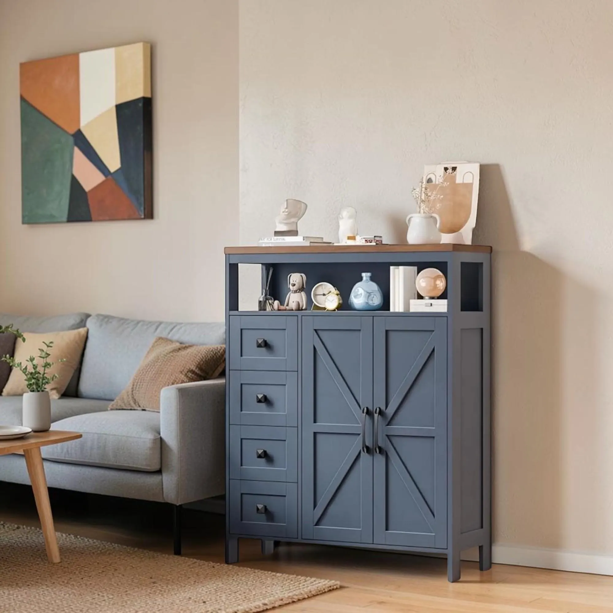 Blue Farmhouse Storage Cabinet Rustic Pantry Cupboard with Drawers Shelves