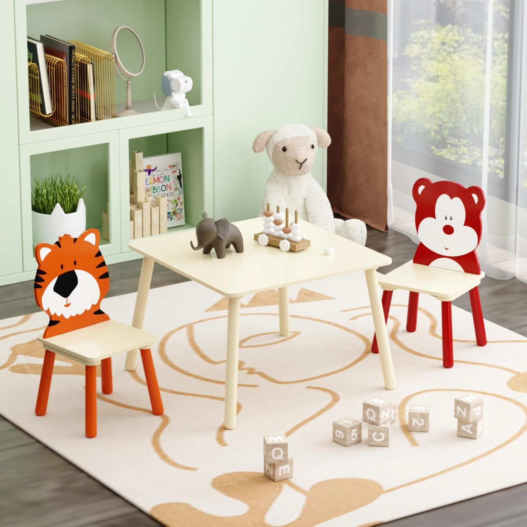 Kids Wooden Table and Chair Set, 3-Piece Activity Play Table for Toddlers with Bear & Tiger Design