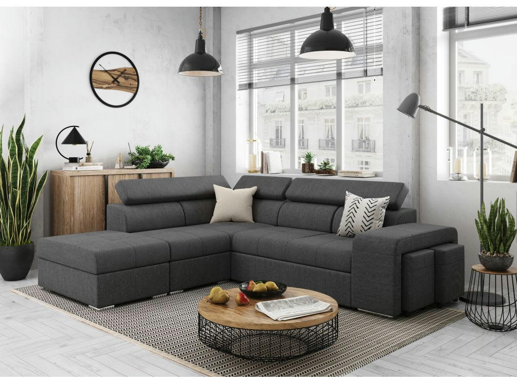 SOAN - Canapé d'angle convertible en tissu - Angle gauche - Gris foncé