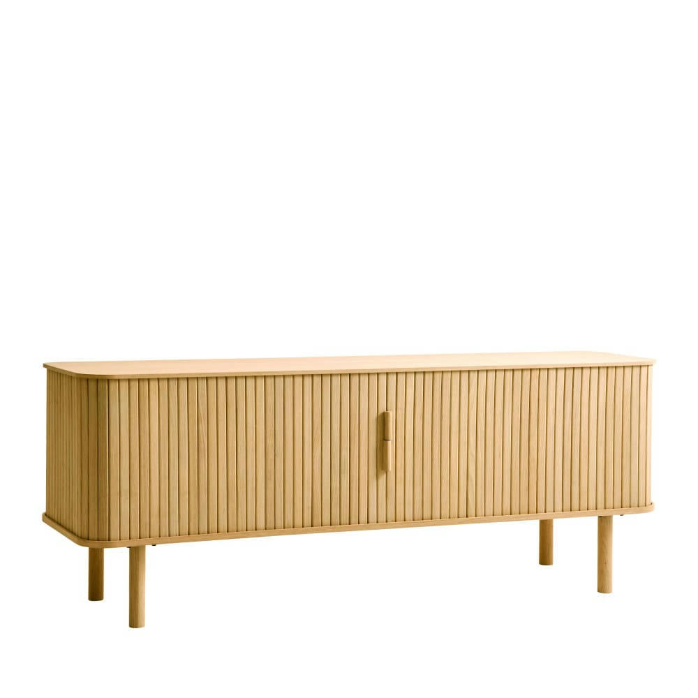 CALLAN - Meuble TV aux portes coulissantes en bois strié L160cm bois clair