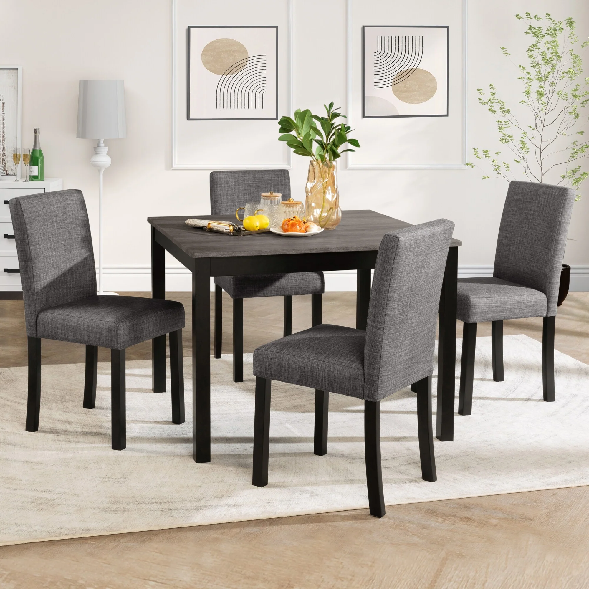 5 Piece Kitchen Dining Table Set for 4 Persons, Wooden Table and 4 Upholstery Chairs, for Kitchen, Dining Room
