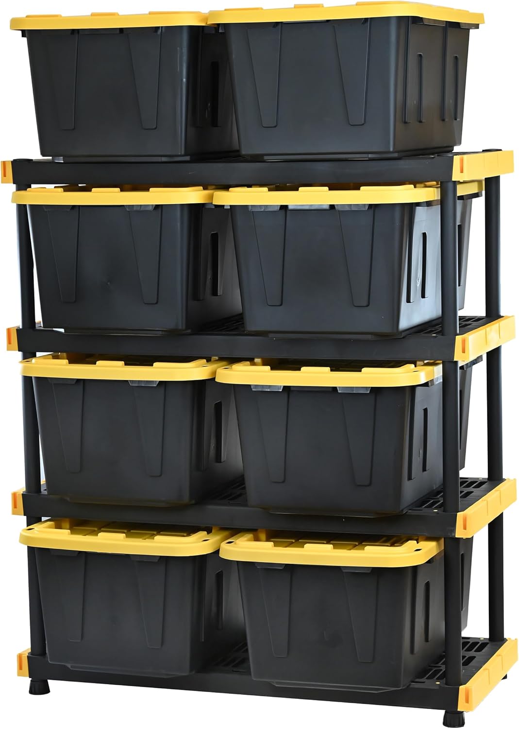 CX Black & Yellow 4-Tier Heavy Duty Storage Shelves and 8 Heavy Duty Storage Bins with Lids, 4 Shelves that Support up to 200lbs/shelf + 27 Gallon Containers (8-Pack), Organization and Storage