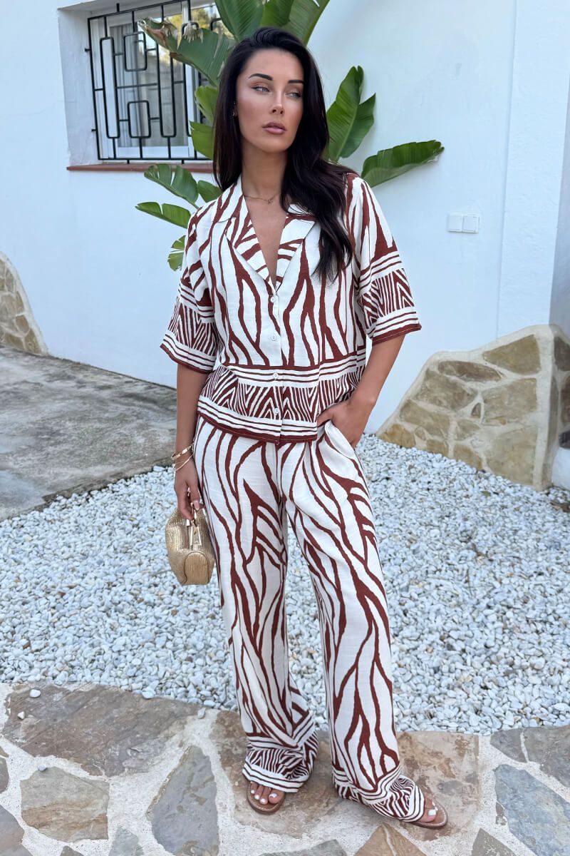AX Paris Cream And Brown Abstract Print Wide Leg Trousers