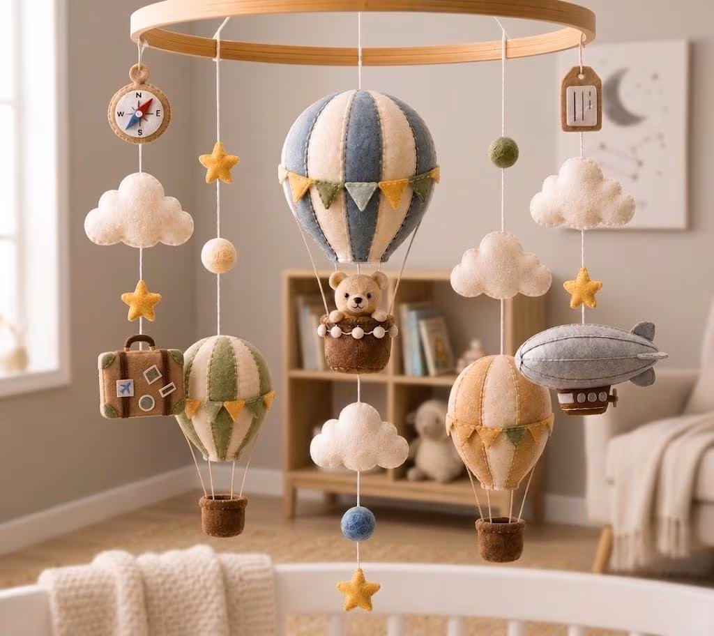 Hot Air Balloon Baby Mobile, Travel Nursery Decor, Teddy Bear Crib Mobile, Airship Mobile, Adventure Theme Nursery, Girl Dad, Boy Mom