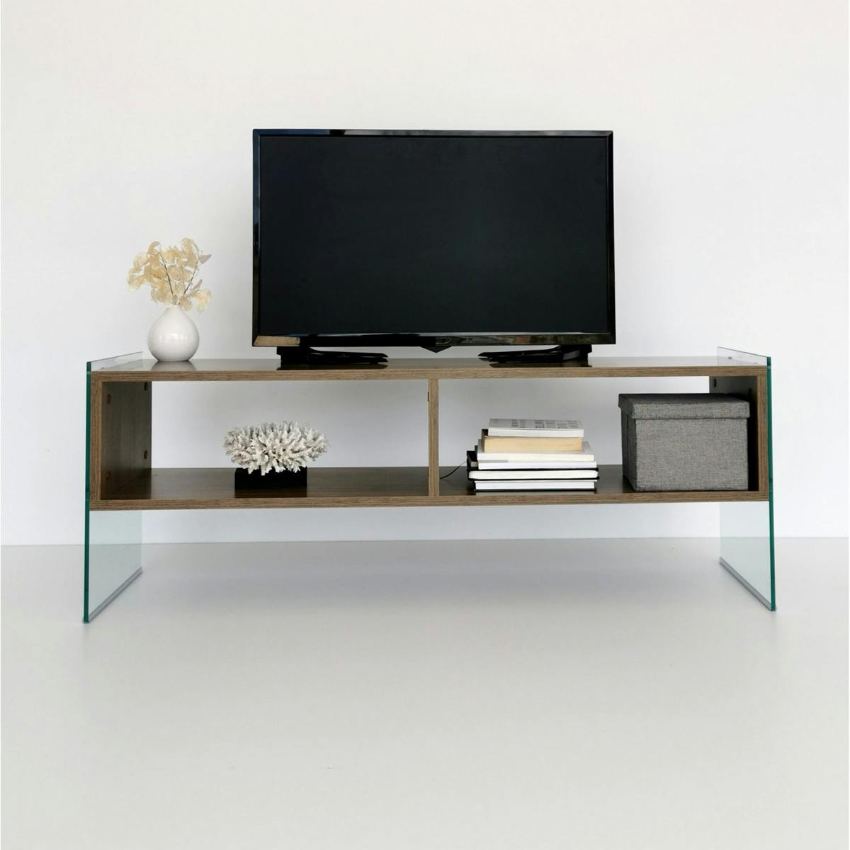 Meuble TV design montants verre et décor noyer SALTA