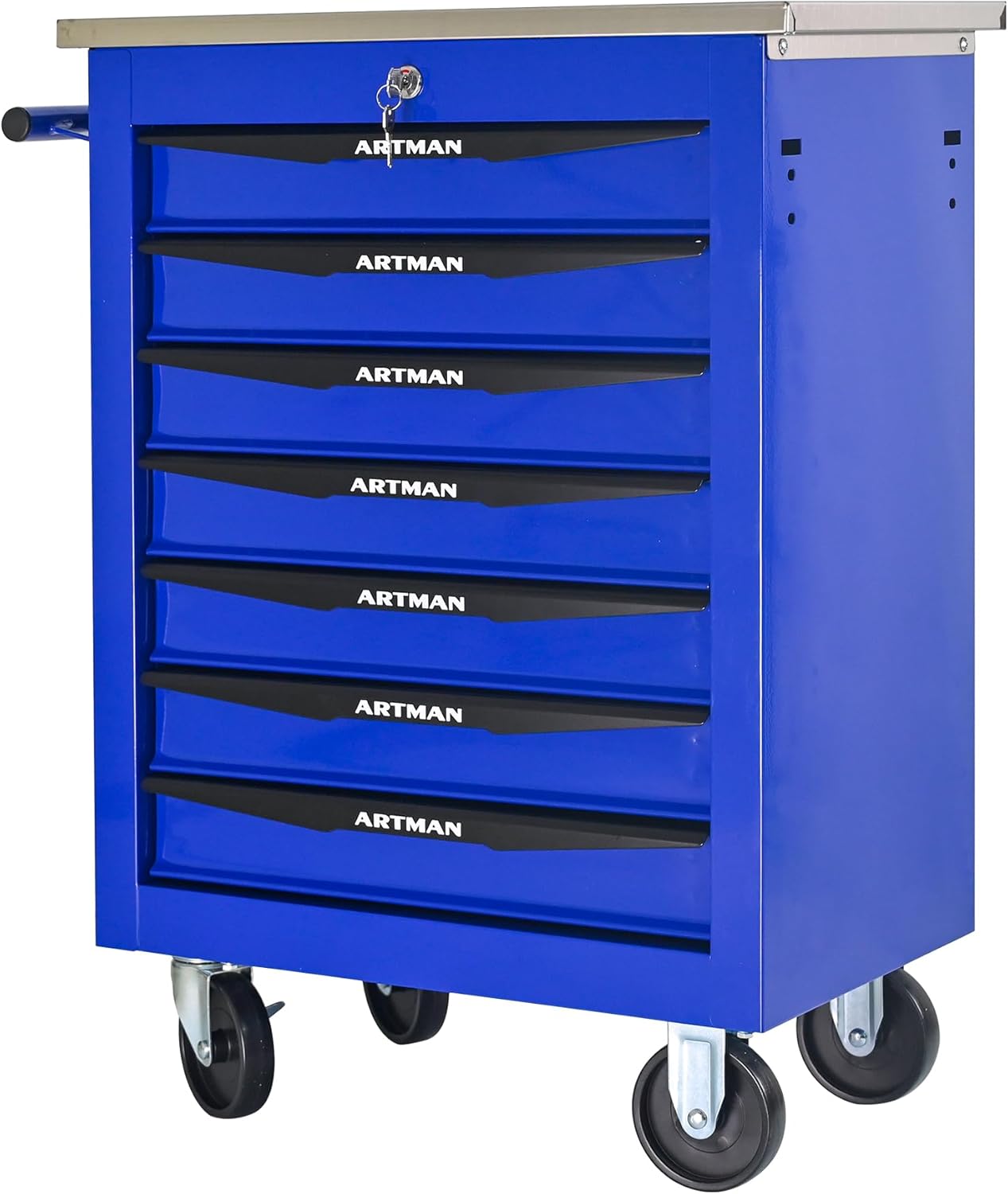 7 Drawers Tool Cart on Wheels with Stainless Steel Worktop, Heavy Duty Mobile Rolling Drawer Tool Chest with Locking Wheels & Lockable Drawers, Garage Tool Storage Cabinet (Blue, 7 Drawers)