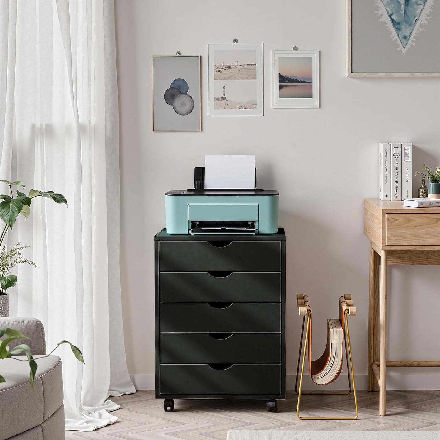 OLIXIS 5 Drawer Mobile File Cabinet Under Desk Storage Organization with Wheels Vertical Filing Chest Rolling Wood Small Desk Printer Stand for Home Office, 15.75D x 18.74W x 25.39H, Black