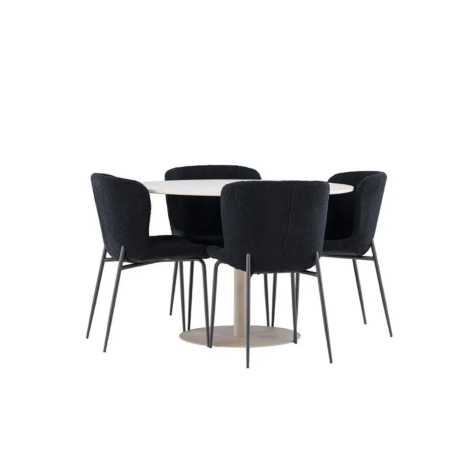 Hioshop Lycke eethoek tafel &Oslash;110cm en 4 teddy stoelen beige