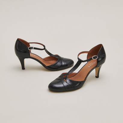 Salomés à talons et boucles ajustantesen cuir noir | VERMEIL