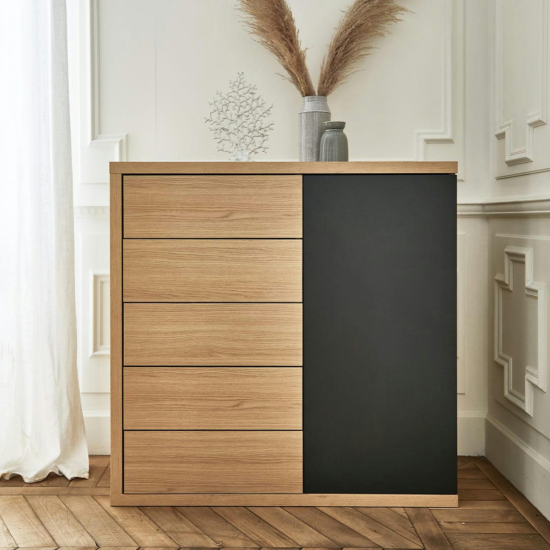 HUGO - Commode  placage gris anthracite et chêne clair