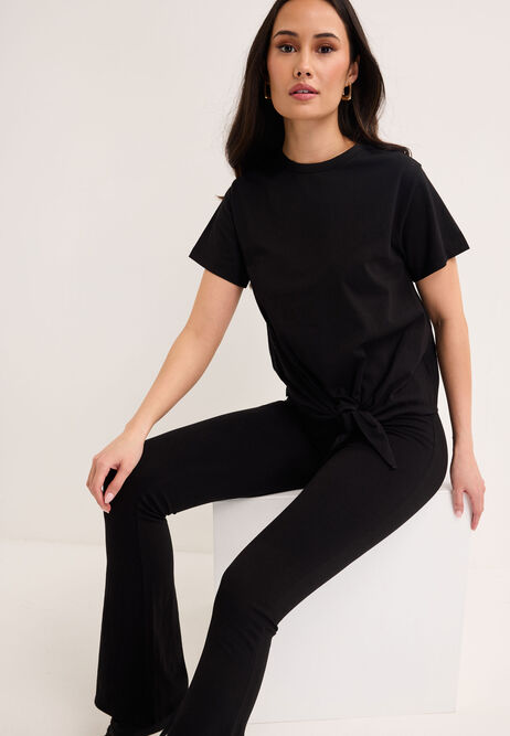 Womens Black Cotton Front Knot T-Shirt