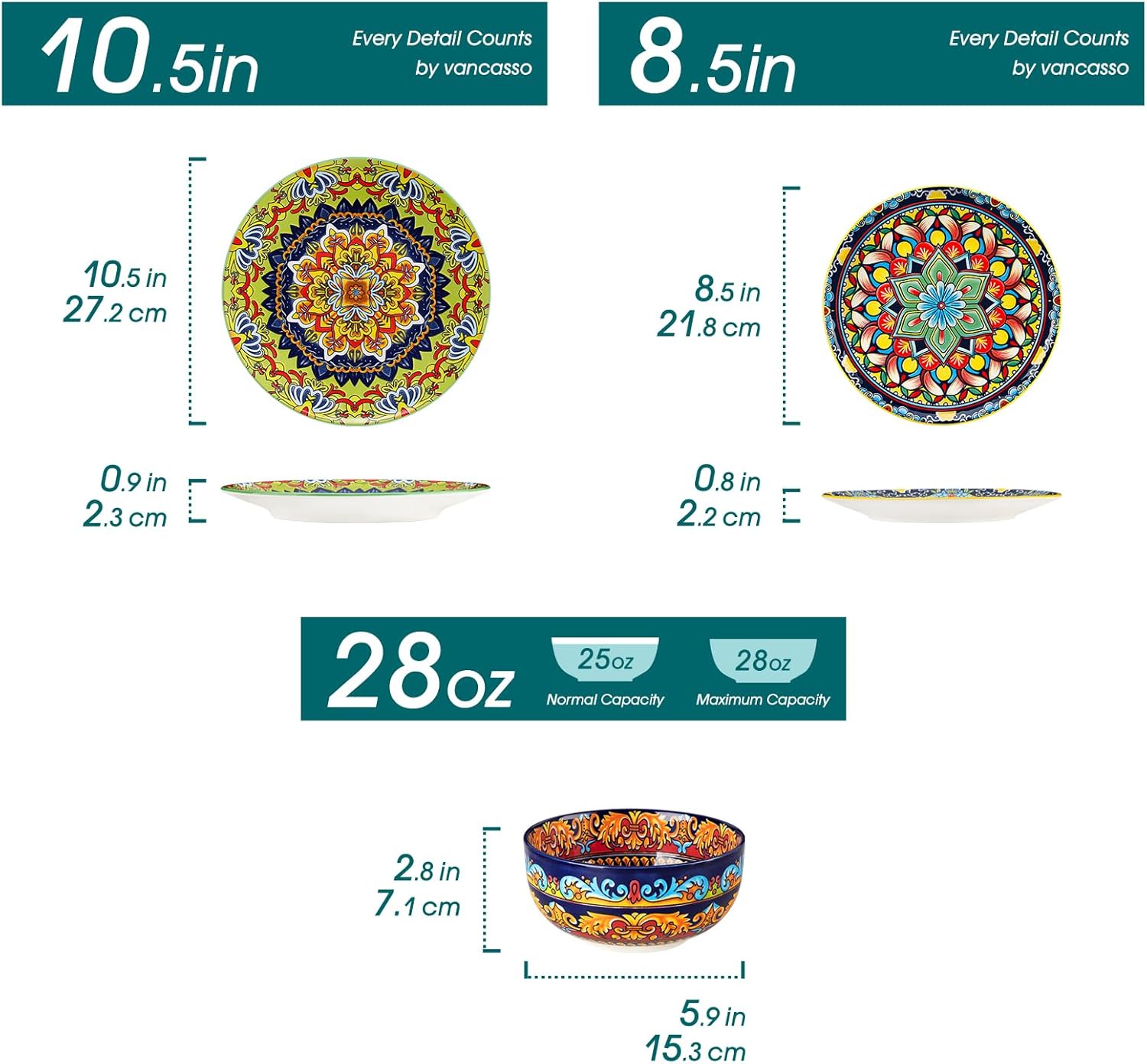 vancasso 18-Piece Dinnerware Sets,Ceramic Plates and Bowls Sets Service for 6, Bohemian Style Porcelain Dishes Set for 6, Microwave and Dishwasher Safe, Scratch Resistant,Non Toxic, Series KRVI