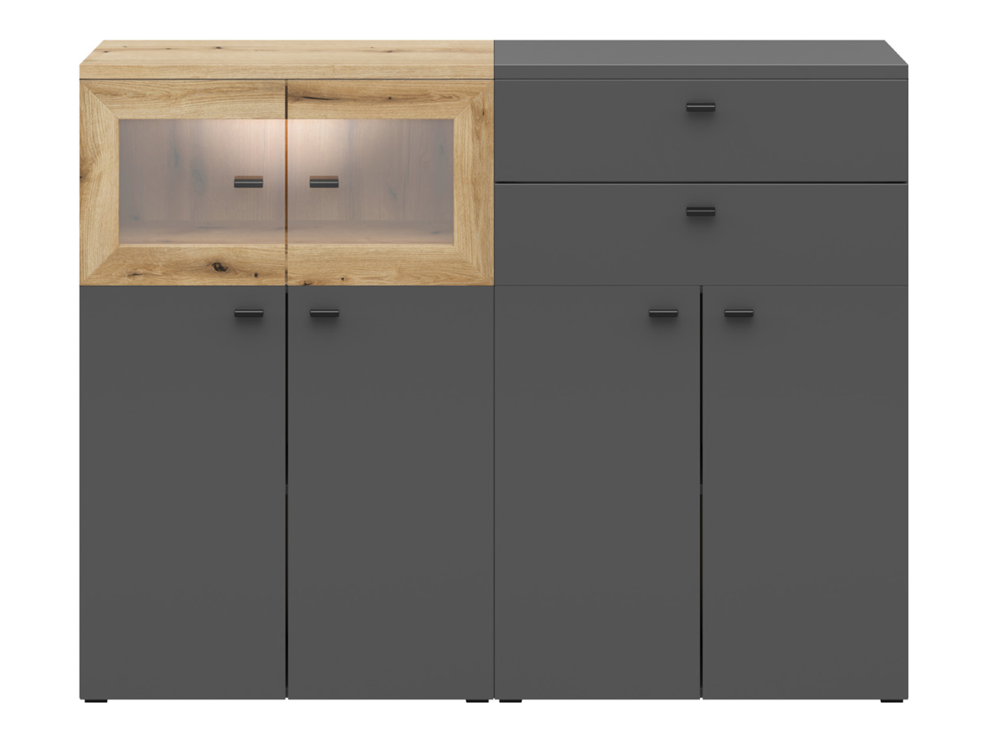 Witryna System64 128 cm z 2 szufladami i 6 drzwiami grafit/dąb coast evoke