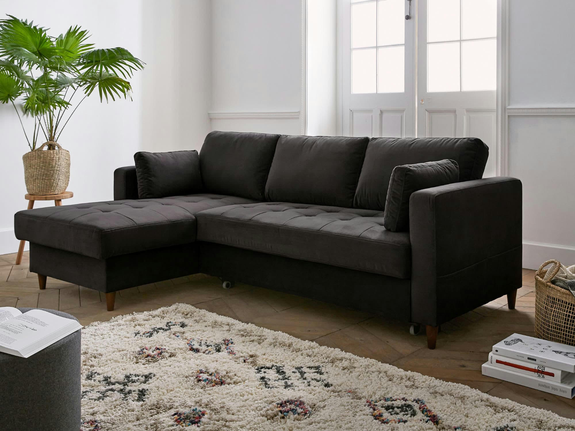 ANNA - Canapé d'angle gauche convertible 4 places en velours gris foncé