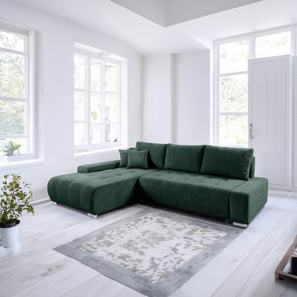 - Canapé d'angle convertible gauche 4 places coffre velours côtelé vert