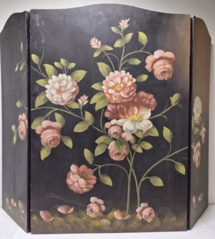 Vintage Hand Painted Wood Decorative Folding 3 Panel Fire Place Screen