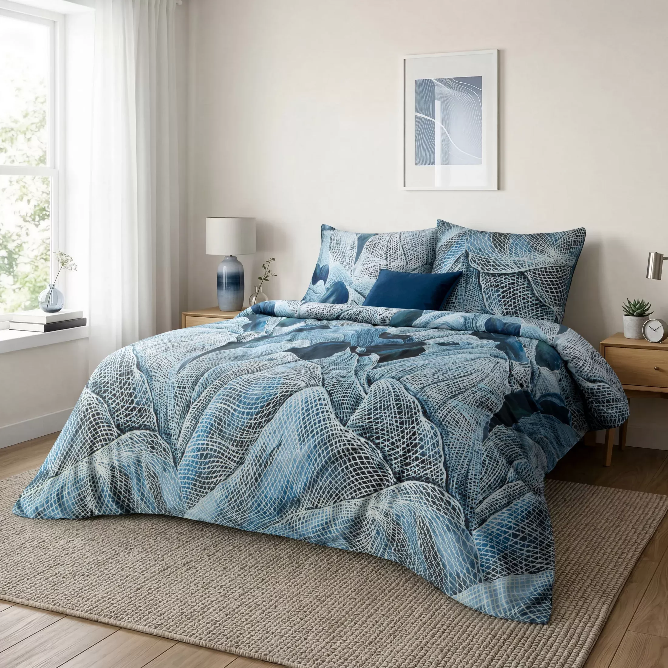 Pościel bawełniana z makosatyny 160x200 cm komplet 3 częściowy kolor turkusowo biały z motywem designerskim Eurofirany Premium