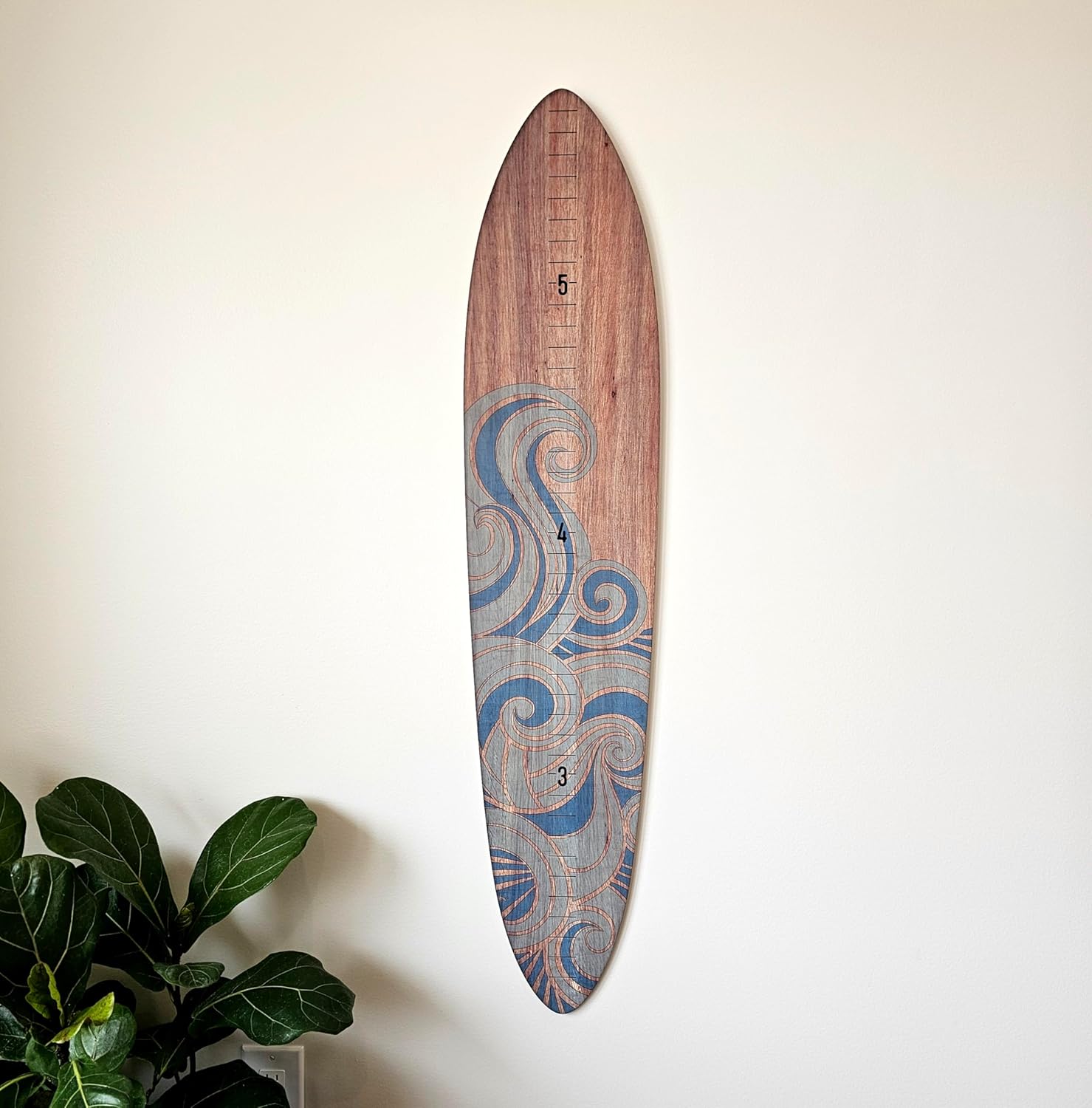 HEADWATERS STUDIO Wooden Surfboard Wall Decor Growth Chart - Surf Board Wall Decor for Kids Room, Wooden Growth Chart for Wall, Surfboard Wall Art, Surfboards for Decoration - Blue Wave (9.5x 45)