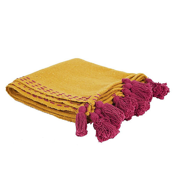 Jeté de canapé surpiqué pompons jaune 130x150 cm