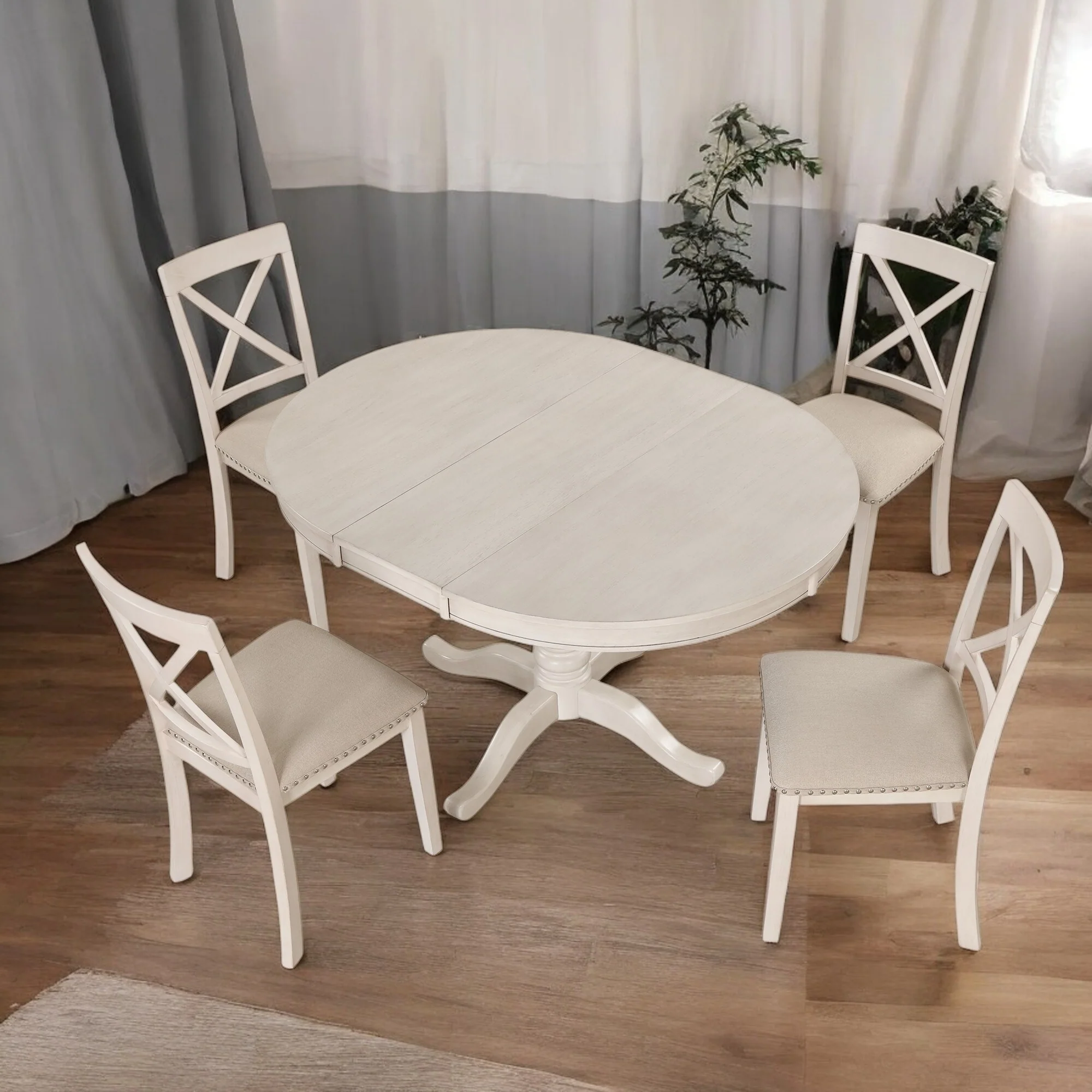 5-Piece Modern Dining Table Set, Round Table and 4 Solid Wood Chairs for Kitchen and Dining Room, Space-Saving Set