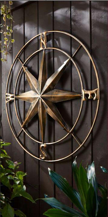 For Living Metal Compass Outdoor Wall Art & Decor, Antique Brass