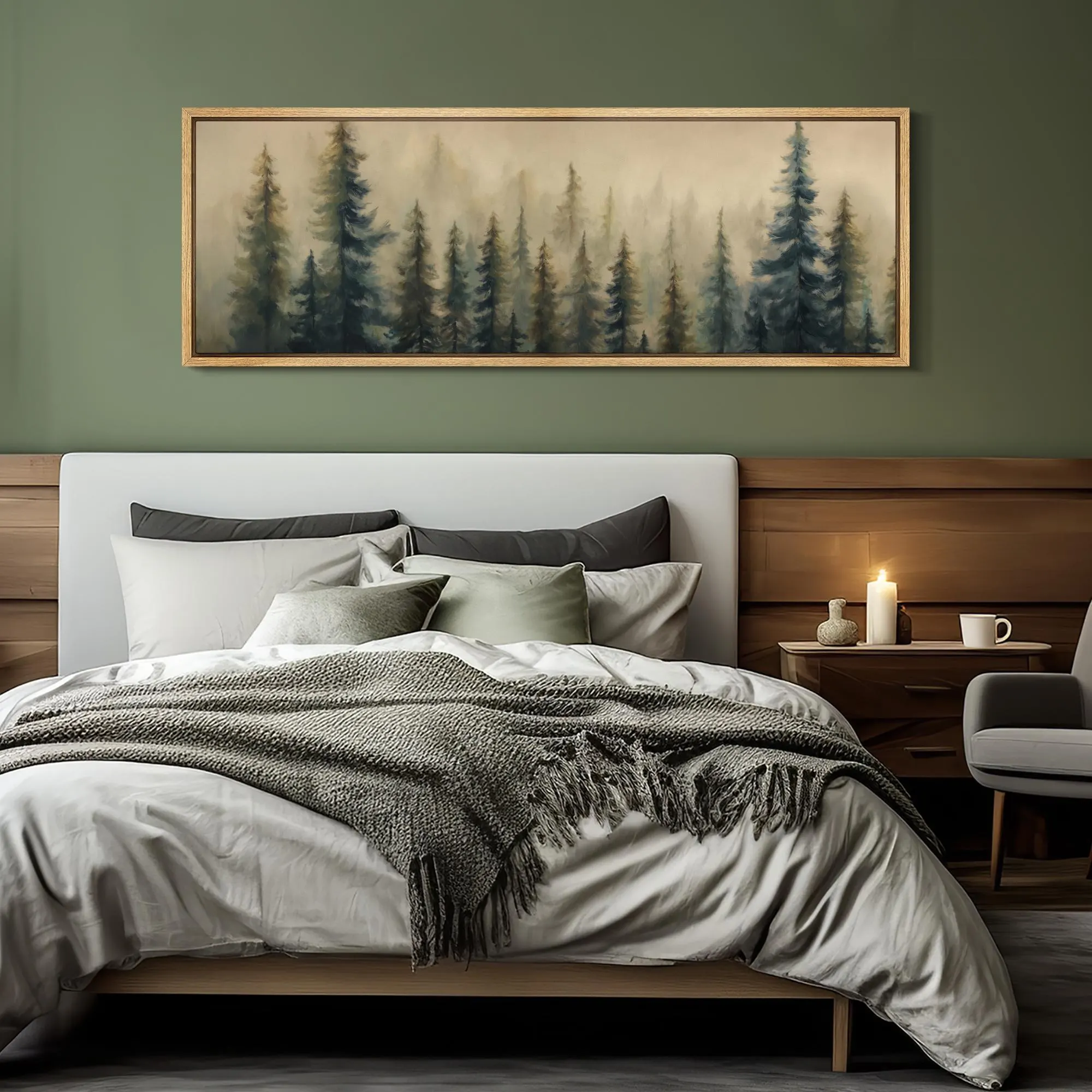Large Framed Misty Pine Tree Forest Wall Art, Moody Green Woodland Landscape Canvas Print, Minimalist Scandinavian Nature Bedroom Decor