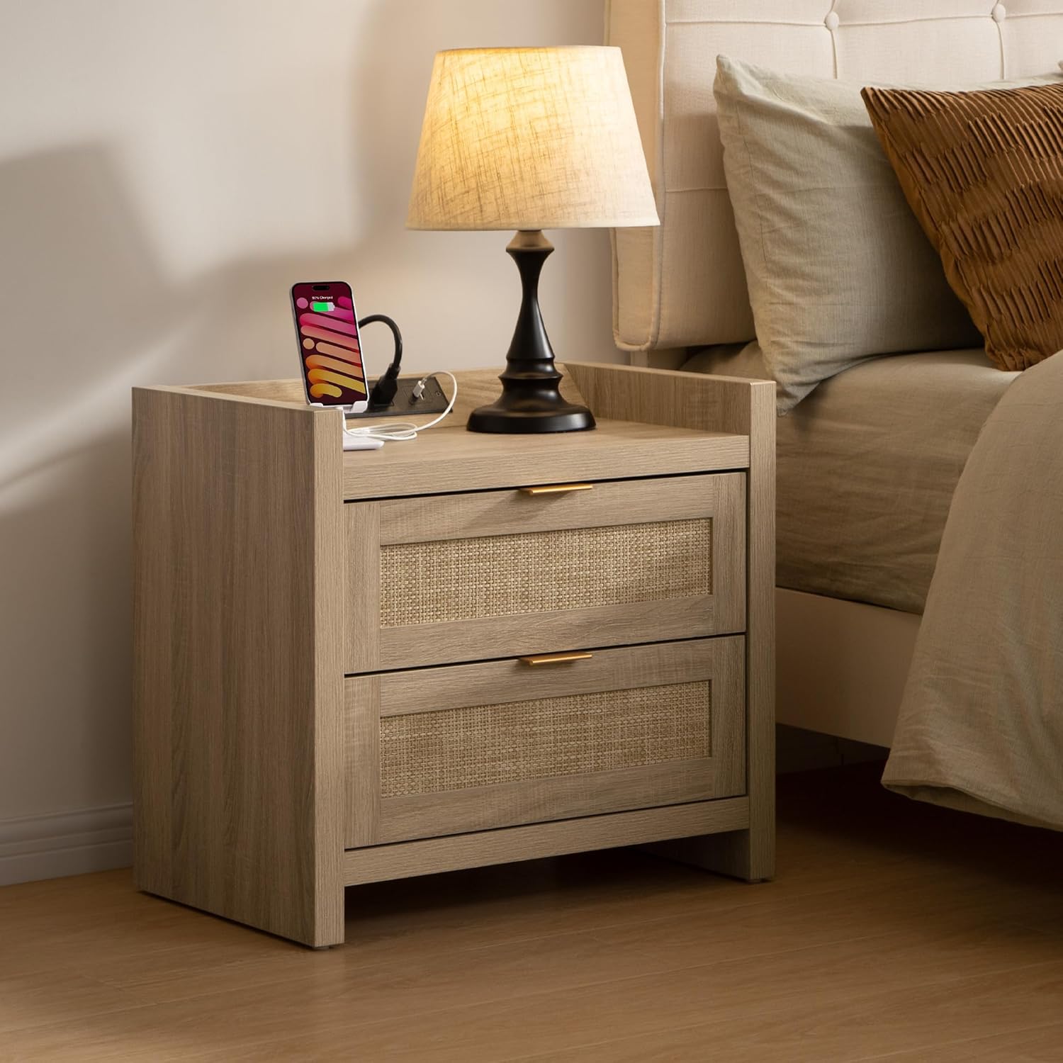 SICOTAS Rattan Nightstands Set of 2 Bedside Table - Bedroom Night Stand with Type-C Charging Station, 2 Drawers Storage - Boho Night Stands End Table for Bedroom Office - Light Oak