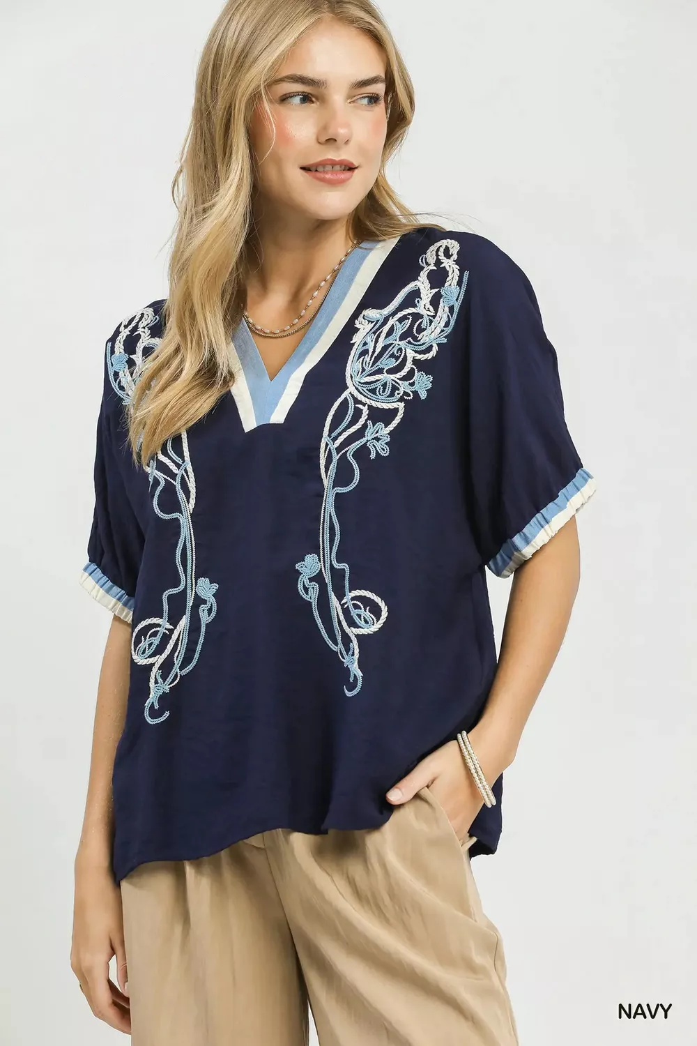 Embroidered Floral V-Neck Short Sleeve Blouse with Contrast Trim