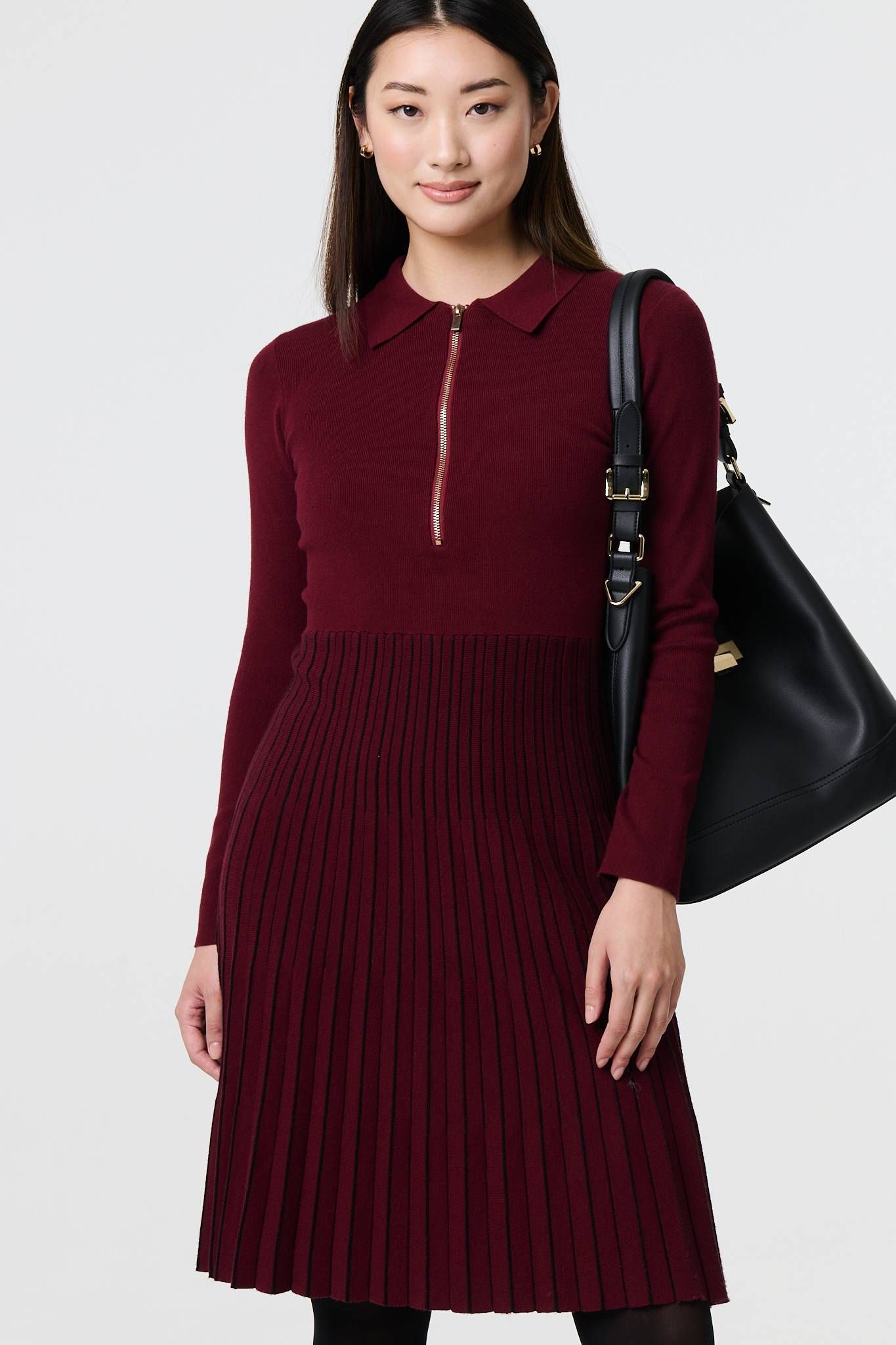 Izabel London Zip Collar Pleated Knit Midi Dress