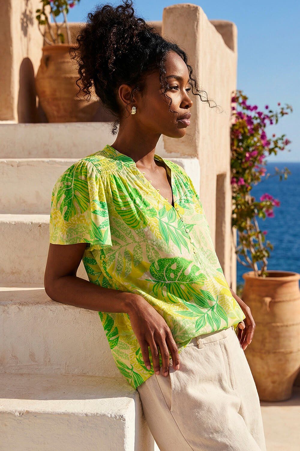 Roman Leaf Print Shirred V-Neck Top