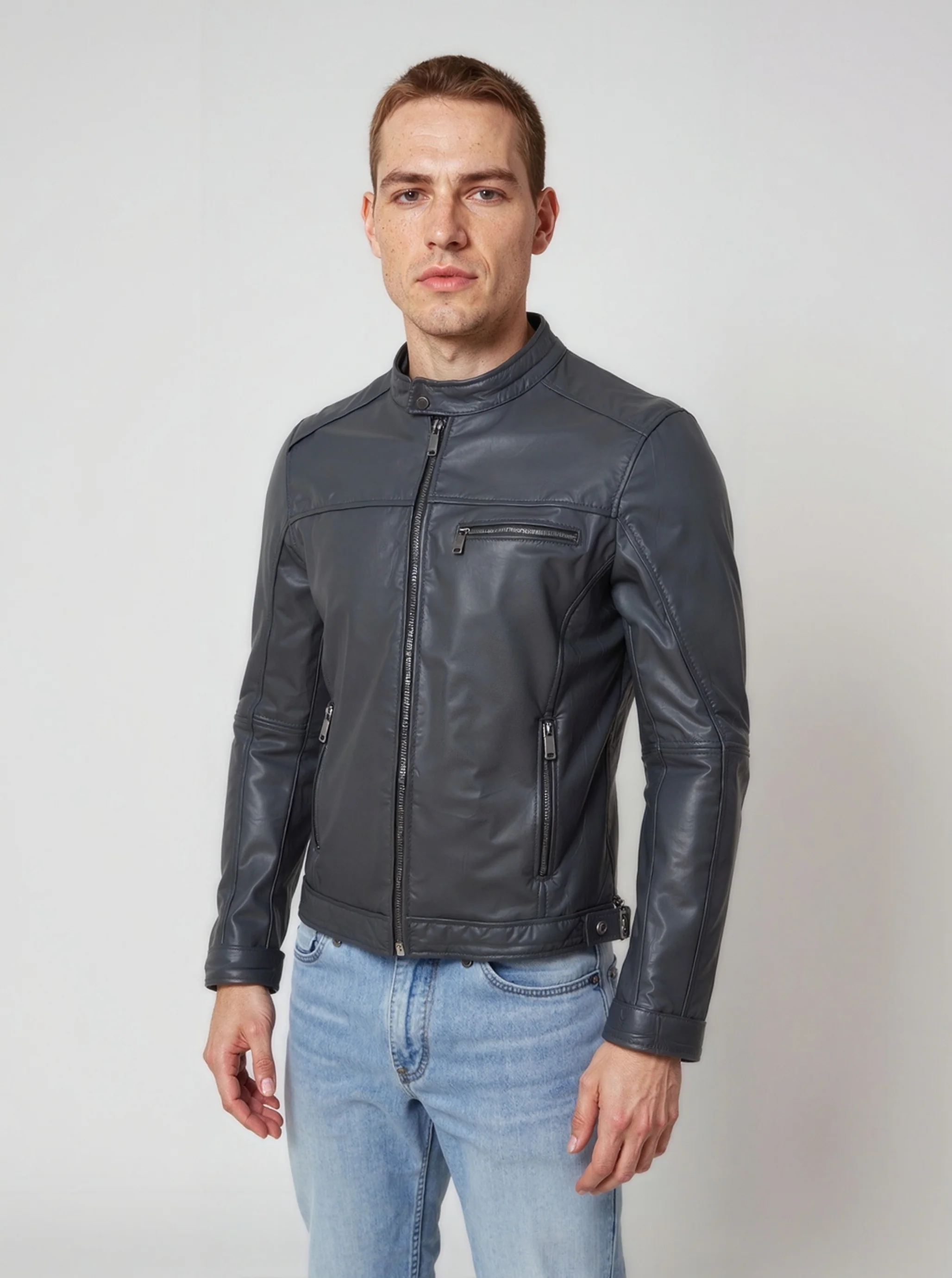 Veste biker noire en cuir CALVIN