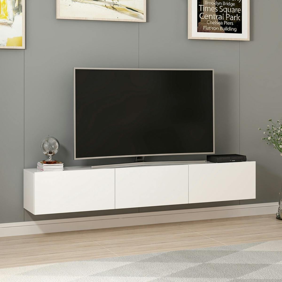 Meuble TV suspendu blanc 3 portes abattantes MARFA