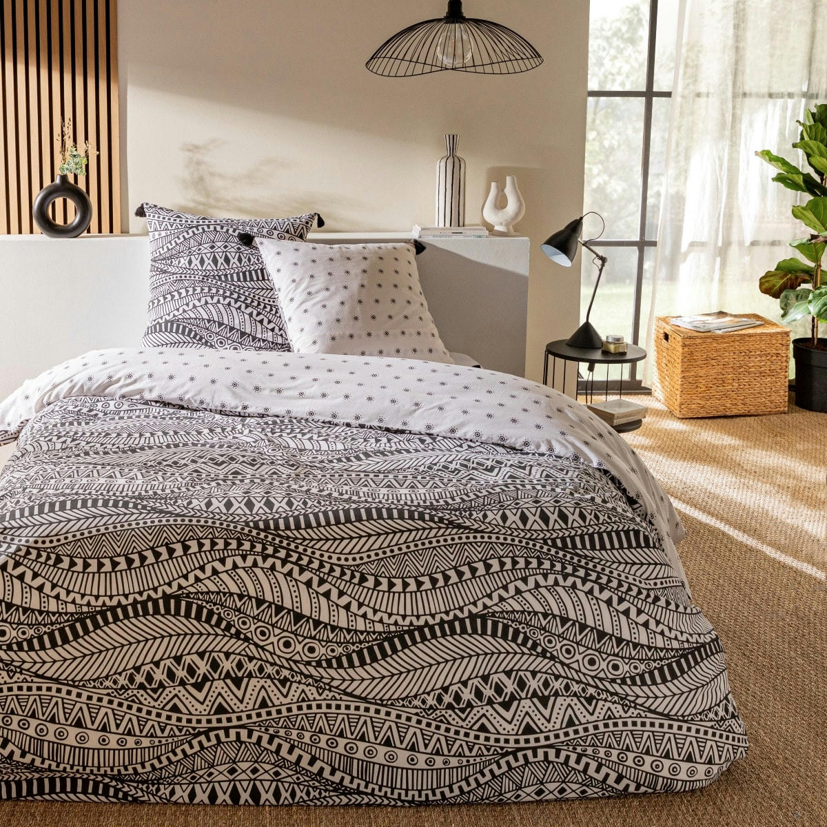 OHANA - Parure de lit 2 personnes coton  imprimé blanc 260x240cm