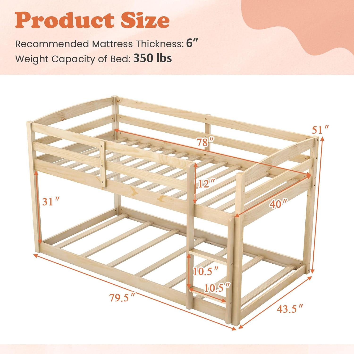 Giantex Twin Low Bunk Bed, Solid Wood Twin Over Twin Bunk Bed Frame with Full Guardrails & Integrated Ladder, Floor Twin Bunk Beds for Kids Boys and Girls, No Box Spring Needed, Natural