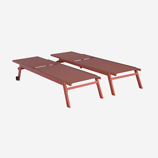 Lot de 2 bains de soleil Elsa en aluminium et textilène terracotta. transats multi positions avec roulettes