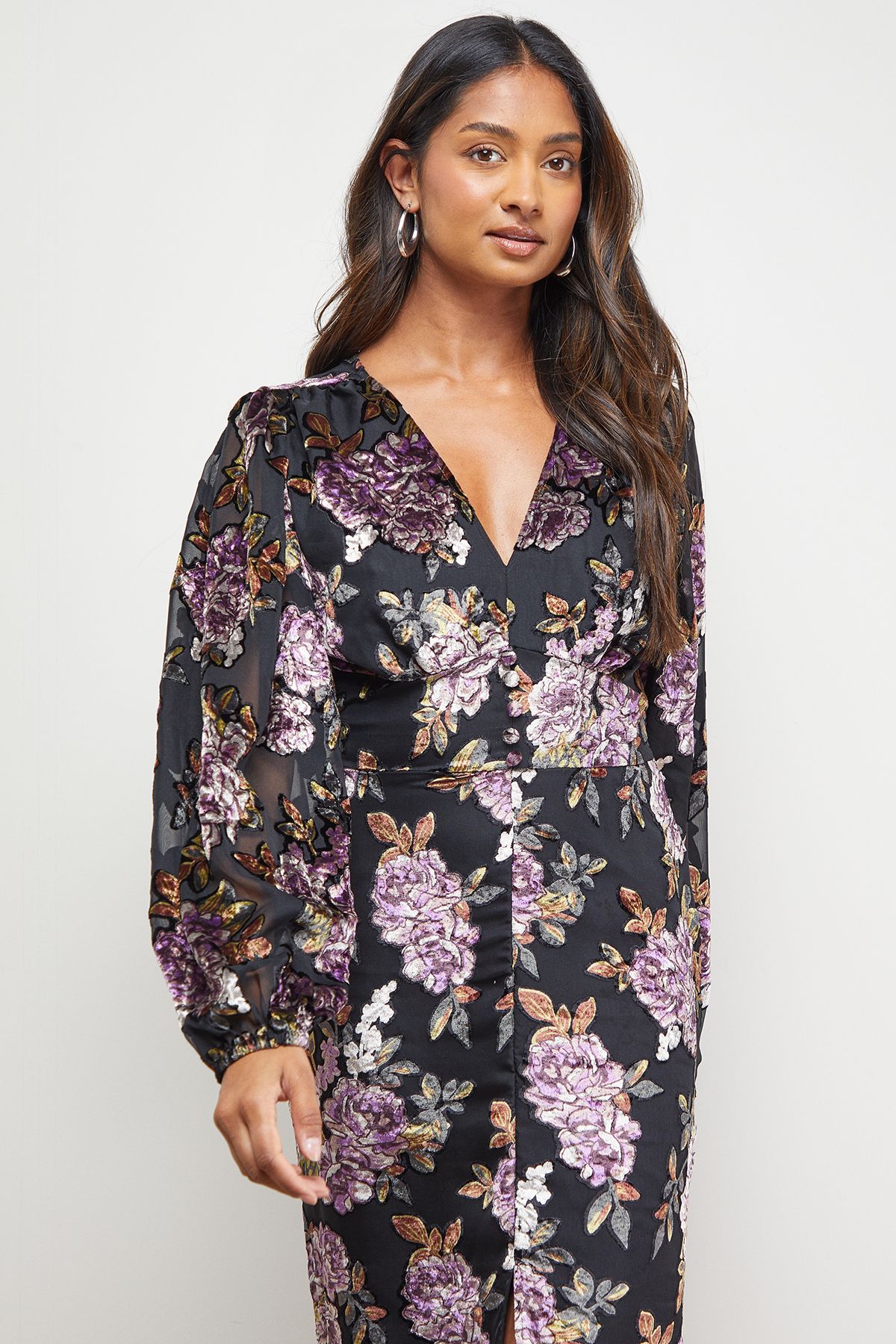 Oasis Devore V Neck Puff Sleeve Midi Tea Dress