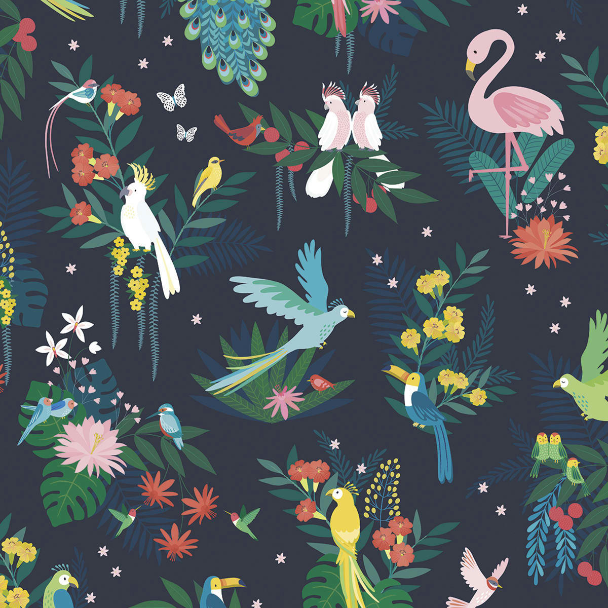 RIO - Papier peint tropicale et oiseaux en Papier Multicolore 50cm x 10m